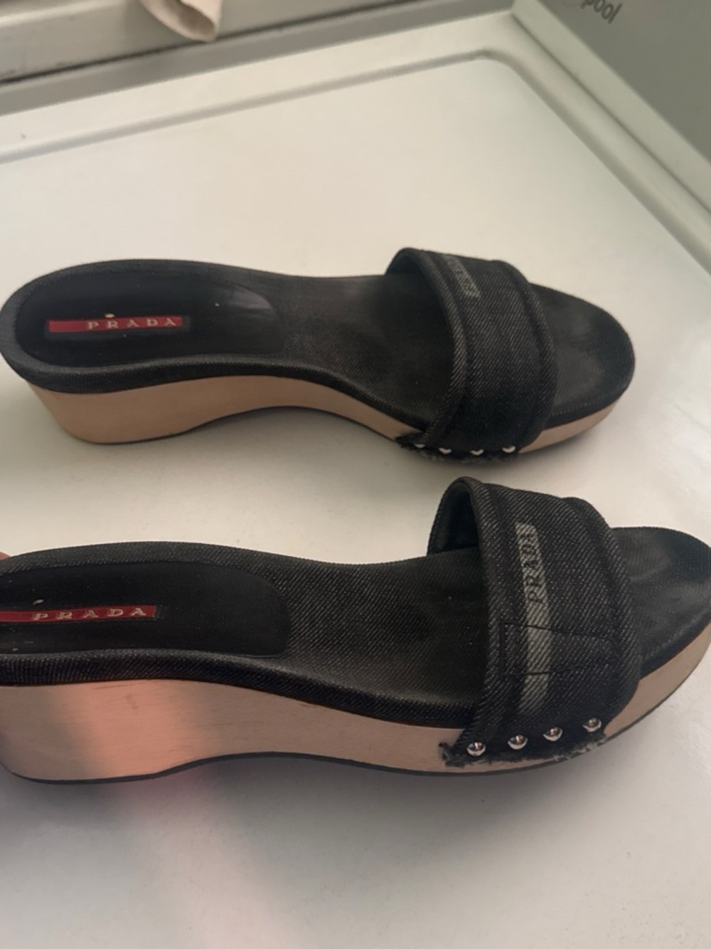 Prada Black Denim Slide Wedge Mules